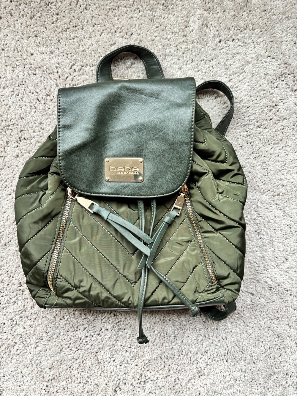 bebe Quilted Olive Green Backpack with Gold Plate - Please read